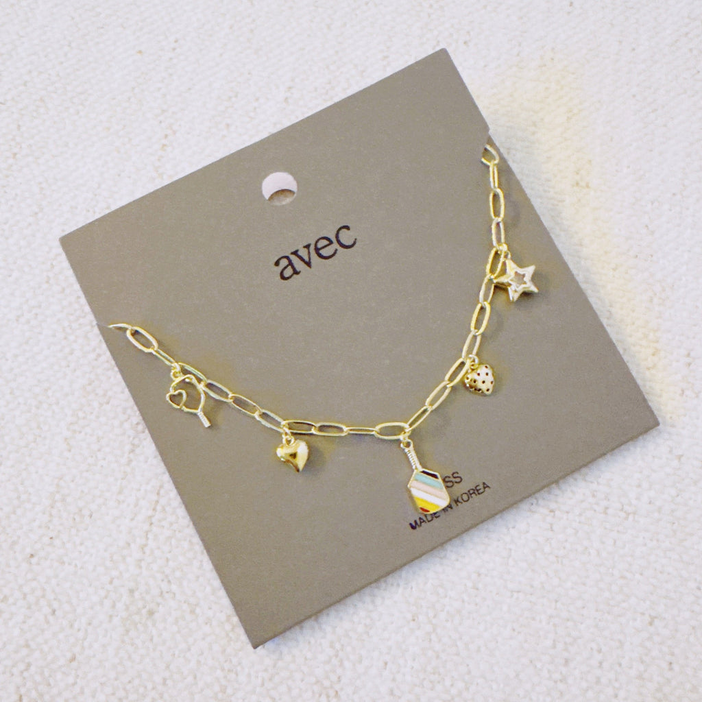 Pickleball Play Charm Necklace – Gold Chain with Playful Pickleball-Inspired Charms